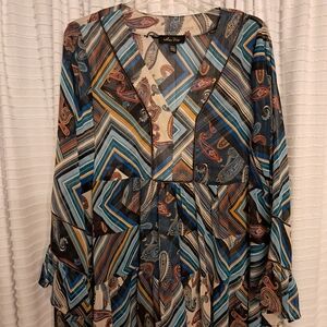 Melissa Paige Blue Teal Paisley & Stripe V-Neck Tunic